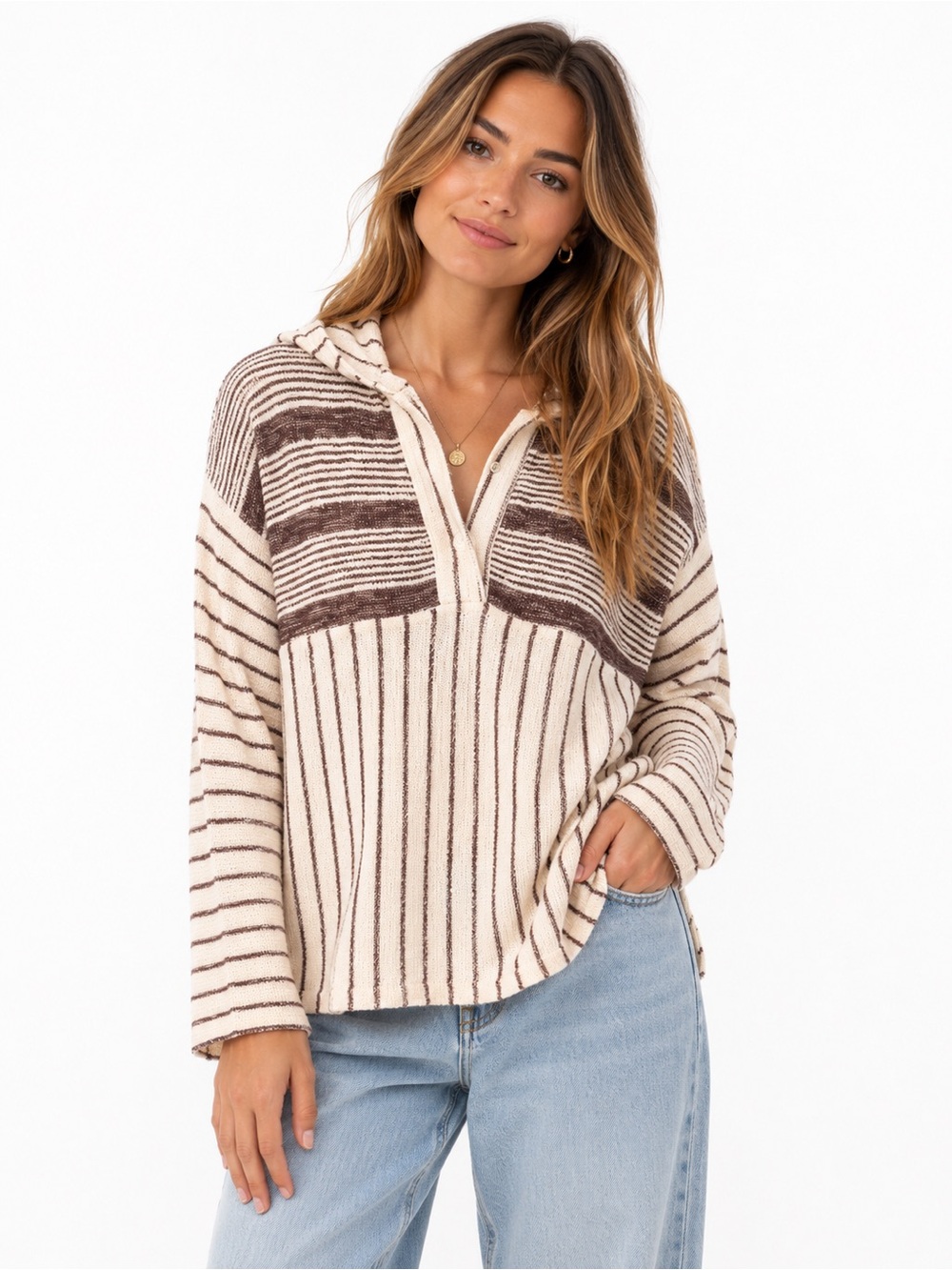 Umgee Size Small Oversized Brown and Cream Striped Hoodie Boho Sweater